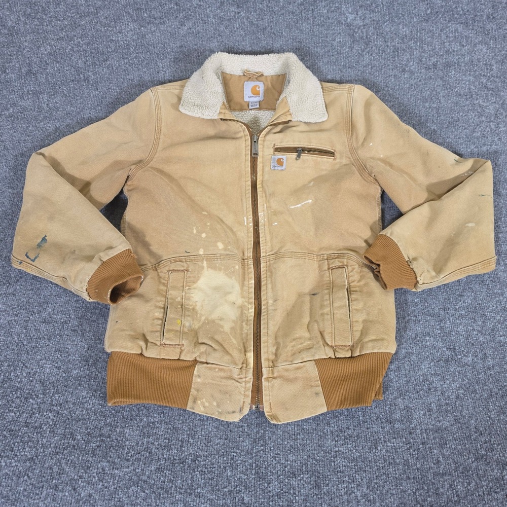 Carhartt Womens Wildwood Jacket Brown Sherpa Lined Canvas Distressed Small 4/6